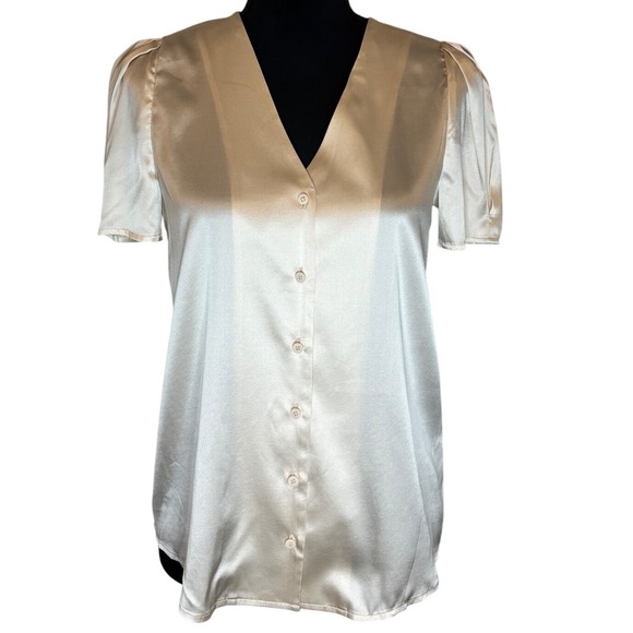 ANTONIO MELANI Tops - NWT Antonio Melani Silk Blend Button Front VNeck Puff Sleeve Blouse Champagne XS